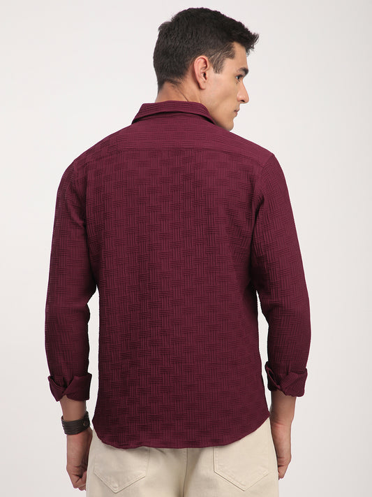 Wine Self Design Textured Shirt