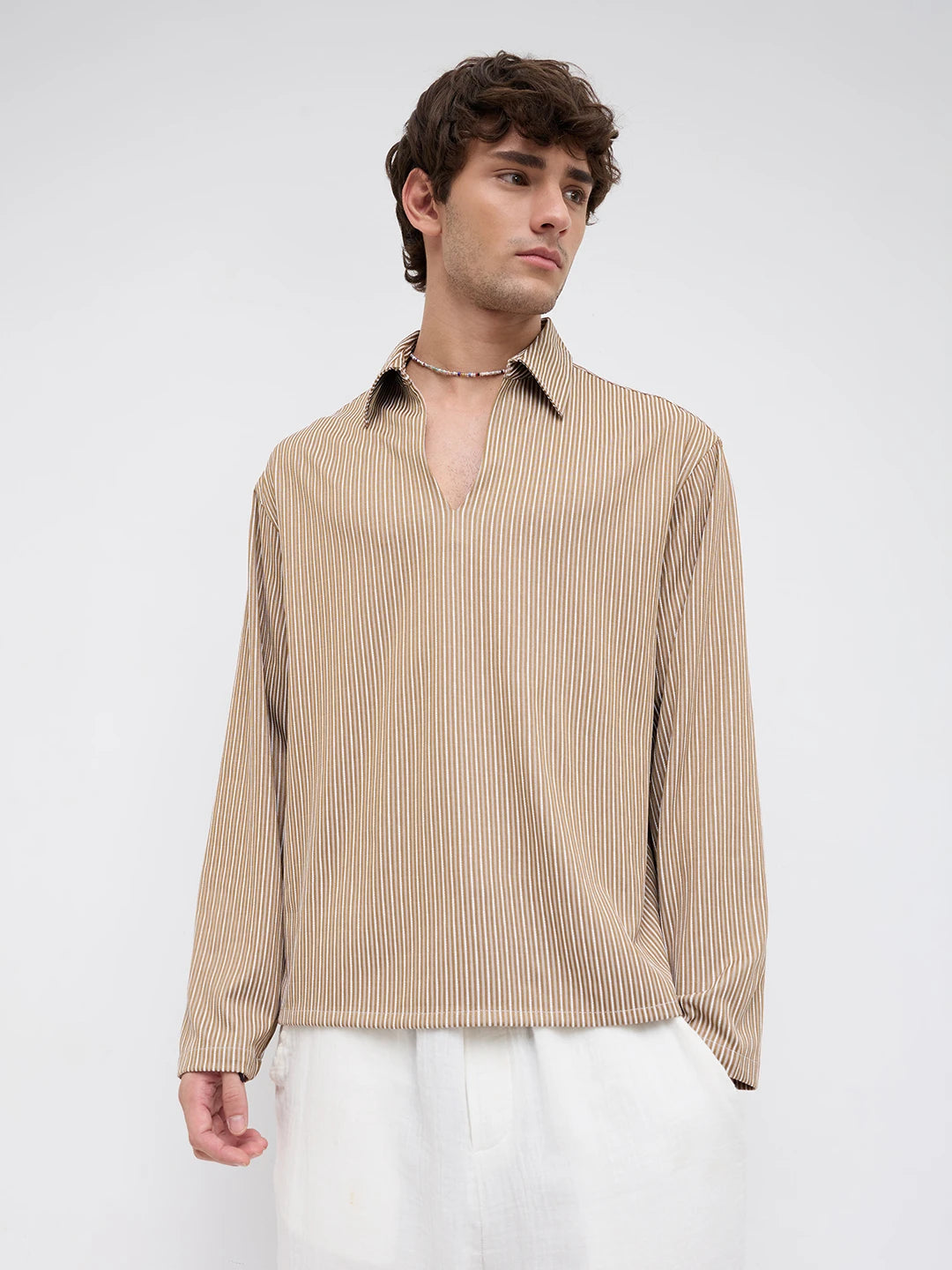 Signature Chocolate Ivory Rib Striped Oversized Polo Shirt