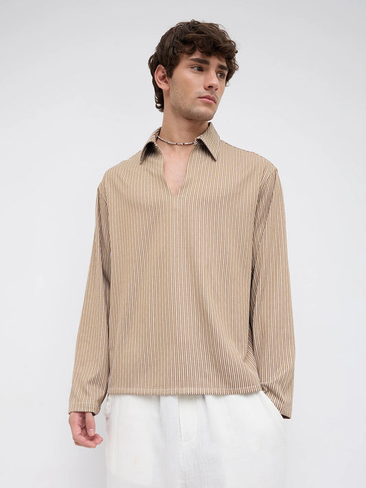 Signature Chocolate Ivory Rib Striped Oversized Polo Shirt