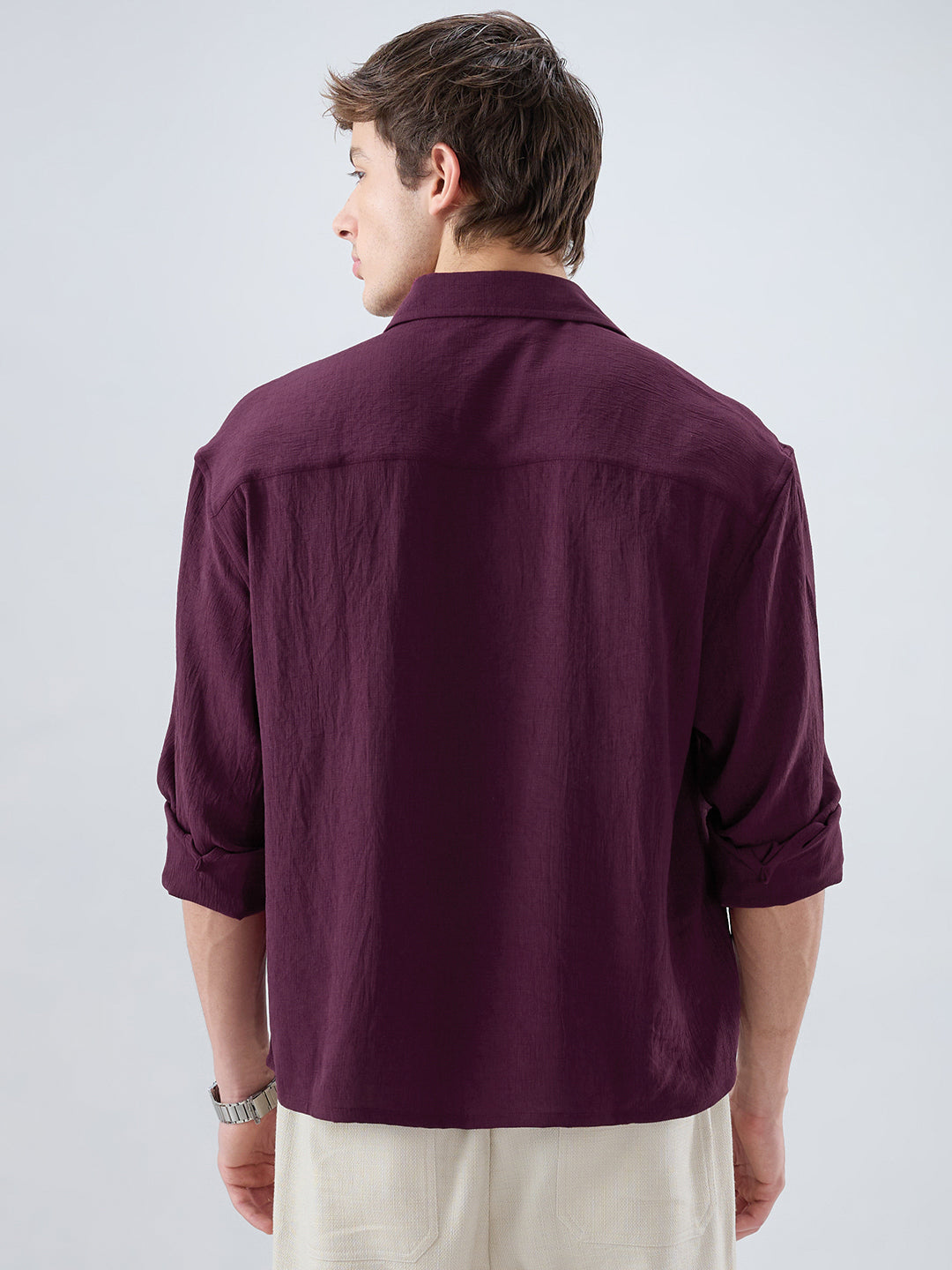 Deep Maroon Soft Crush Fine Grid Textured Boxy Fit Crop Shirt