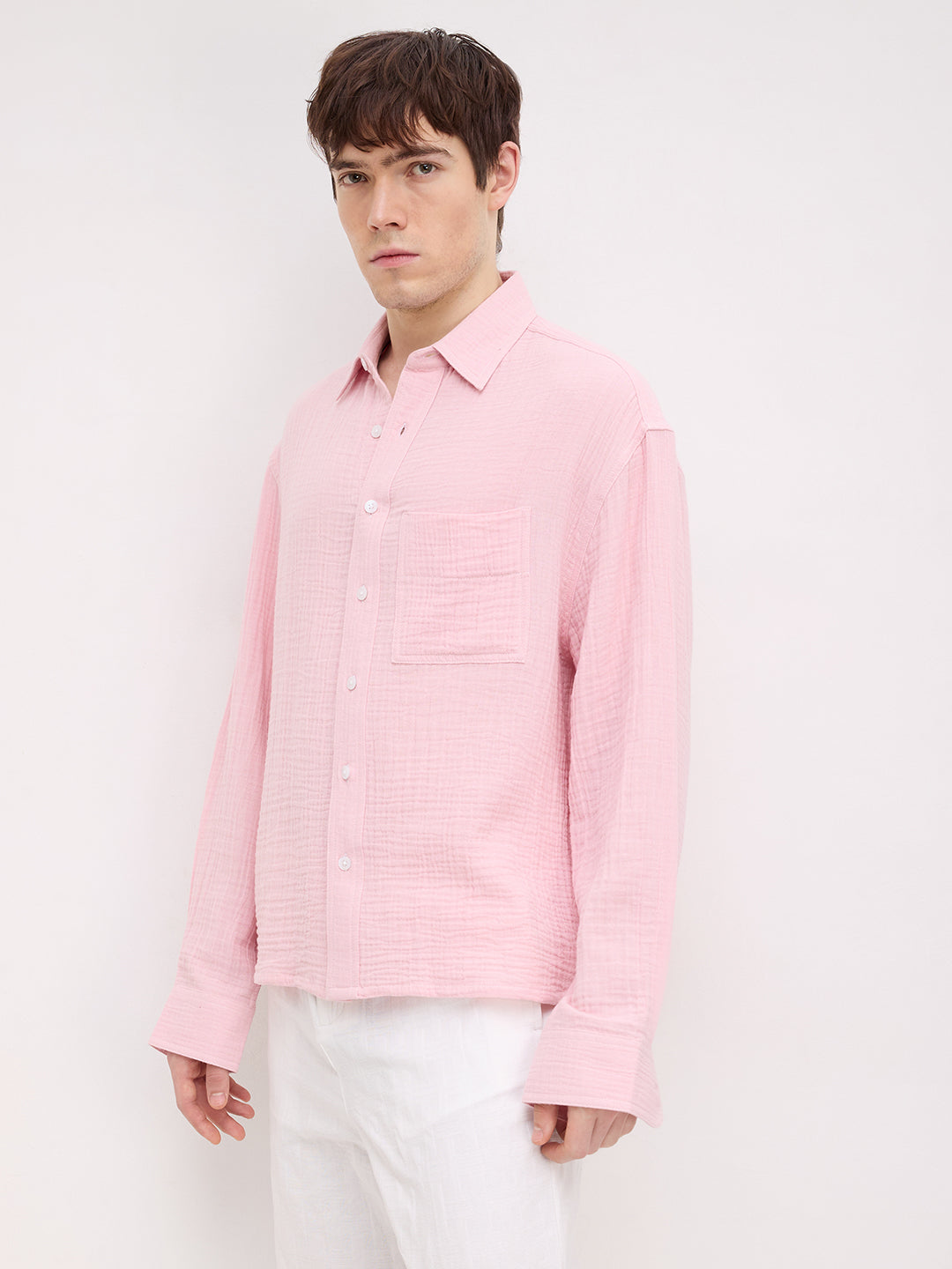 Charming Pastel Pink Double Cloth Boxy Fit Crop Shirt