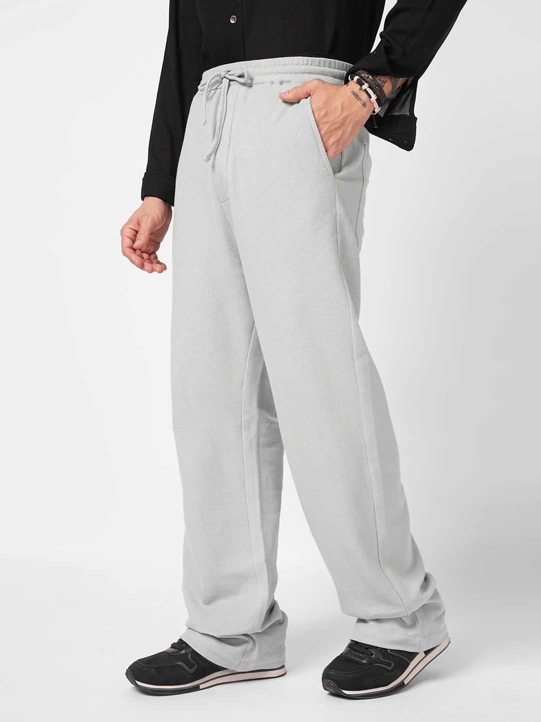 Grey Honeycomb Textured Knitted Straight Fit Trousers