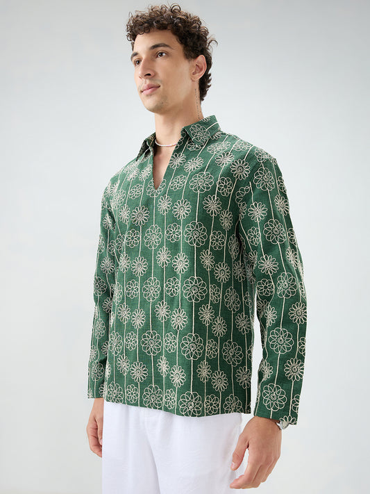 Green Floral Embroidered Oversized Polo Neck Shirt