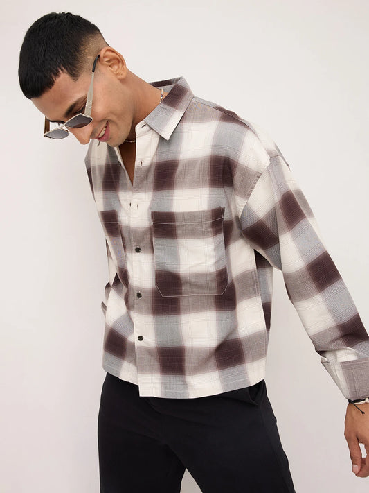 Brown & Grey Shadow Checks Boxy Fit Crop Utility Shirt