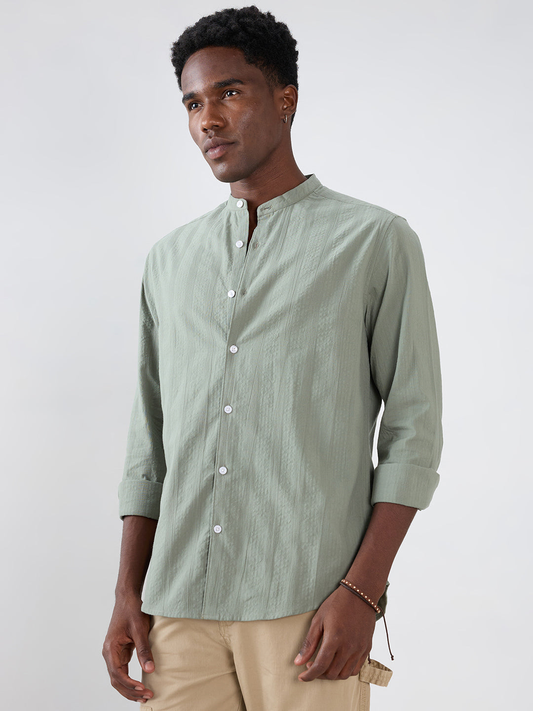 Asparagus Green Seersucker Striped Mandarin Shirt