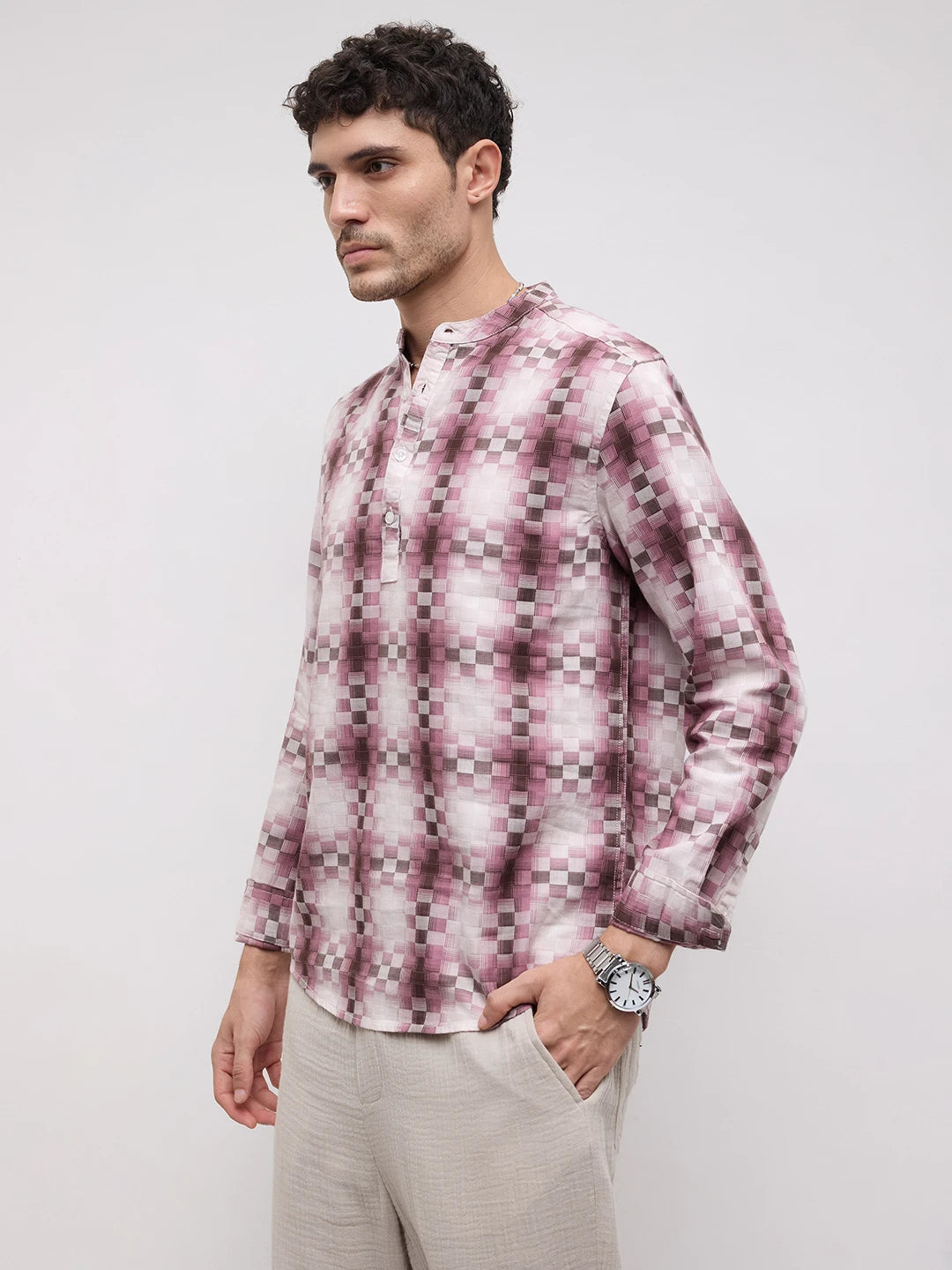 Turkish Rose Pink Pixel Block Checks Kurta