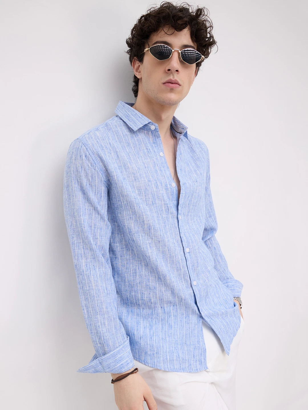 Trendy Blue Melange Vertical Striped Shirt