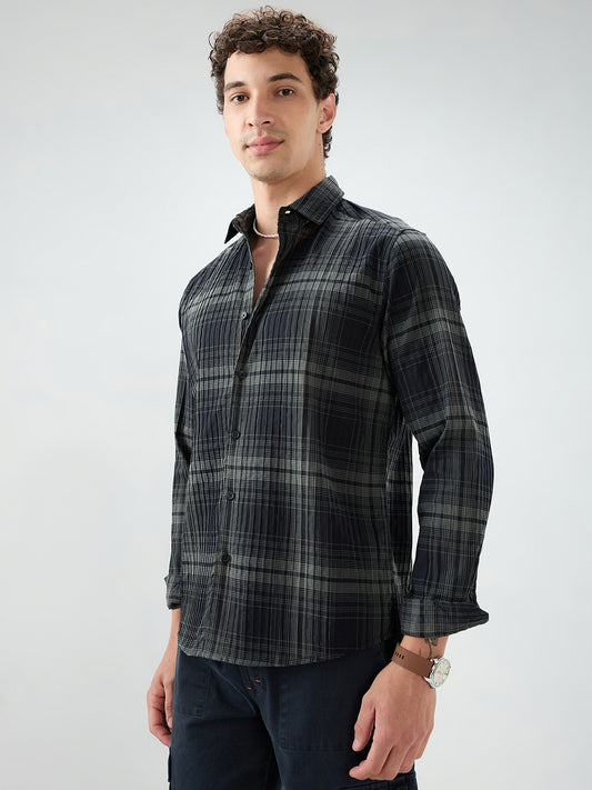 Black & Olive Plaid Checks Textured Shirt