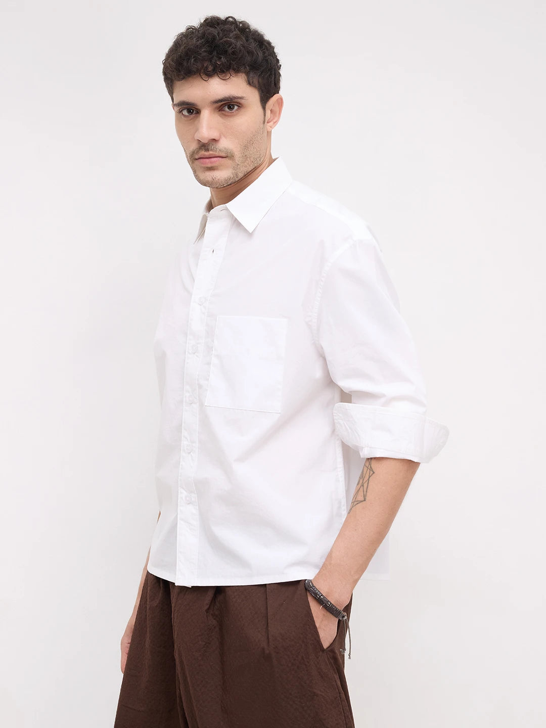 Timeless Off-White Crinkled Boxy Fit Crop Shirt