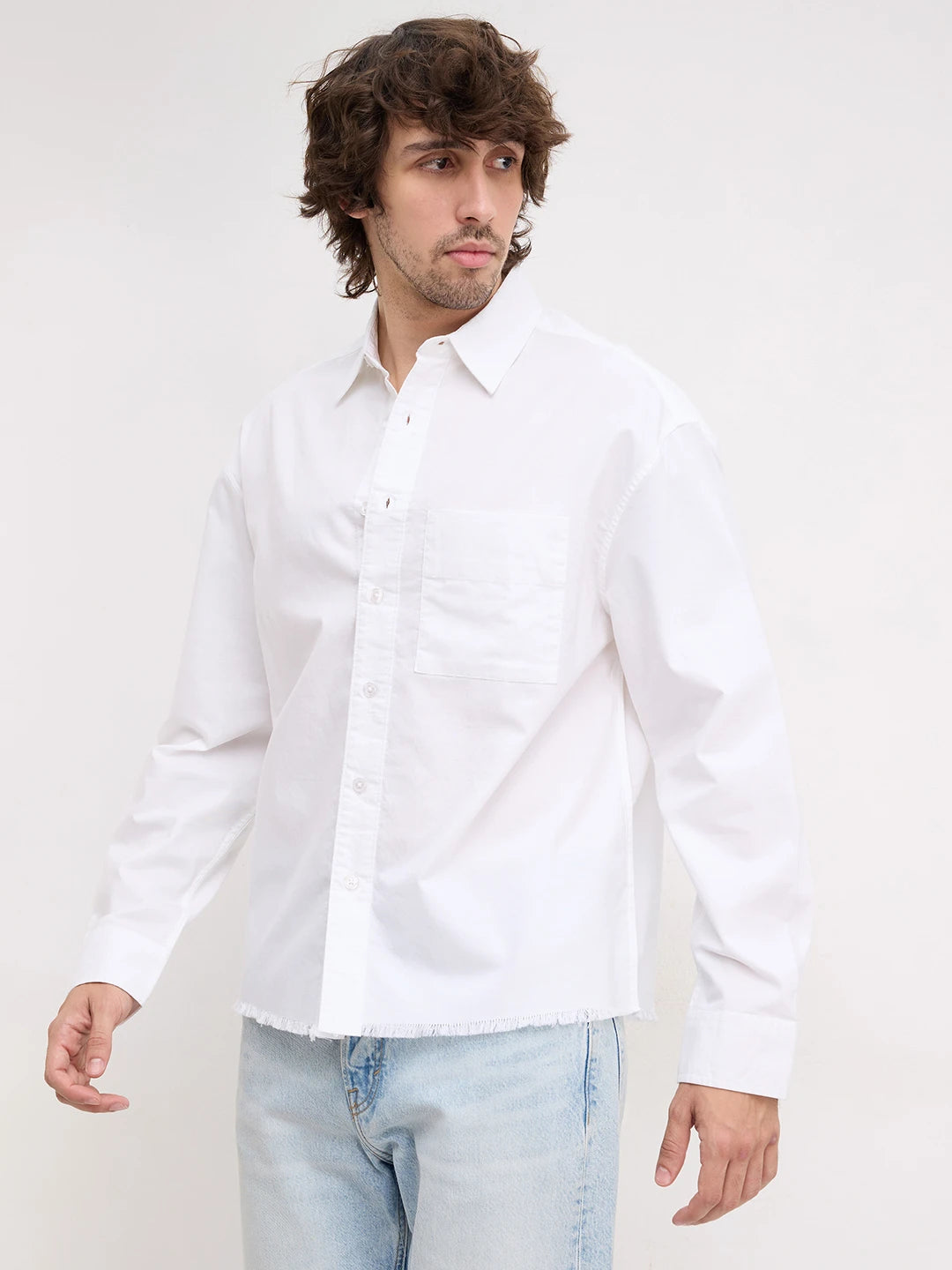 Solid Pearl White Oxford Distressed Hem Boxy Fit Crop Shirt