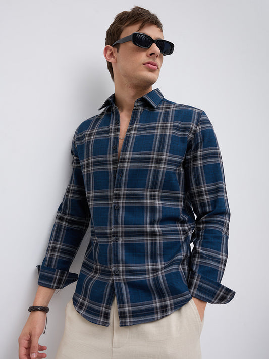 Ocean Blue Contrast Plaid Checks Shirt