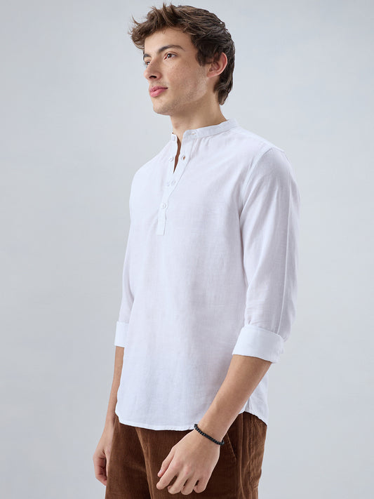 Pearl White Slub Textured Linen Blend Kurta