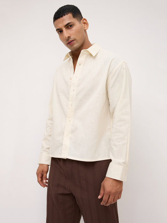 Ivory Sheer Slub Textured Boxy Fit Crop Shirt