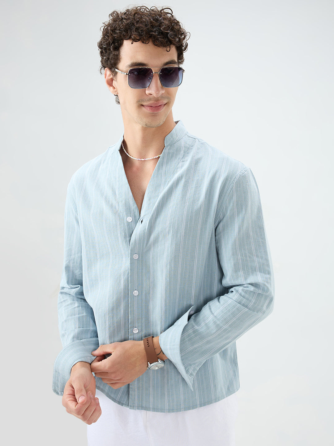 Arctic Blue Striped Linen Blend Stand Collar Oversized Shirt