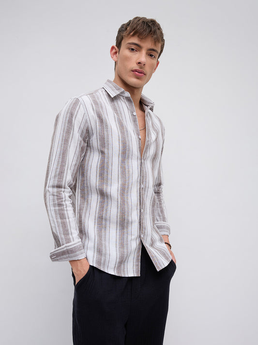 Saddle Brown & White Fine Striped Linen Blend Shirt