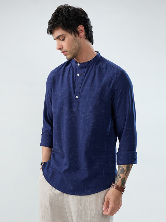 Minimal Night Blue Line Weave Kurta