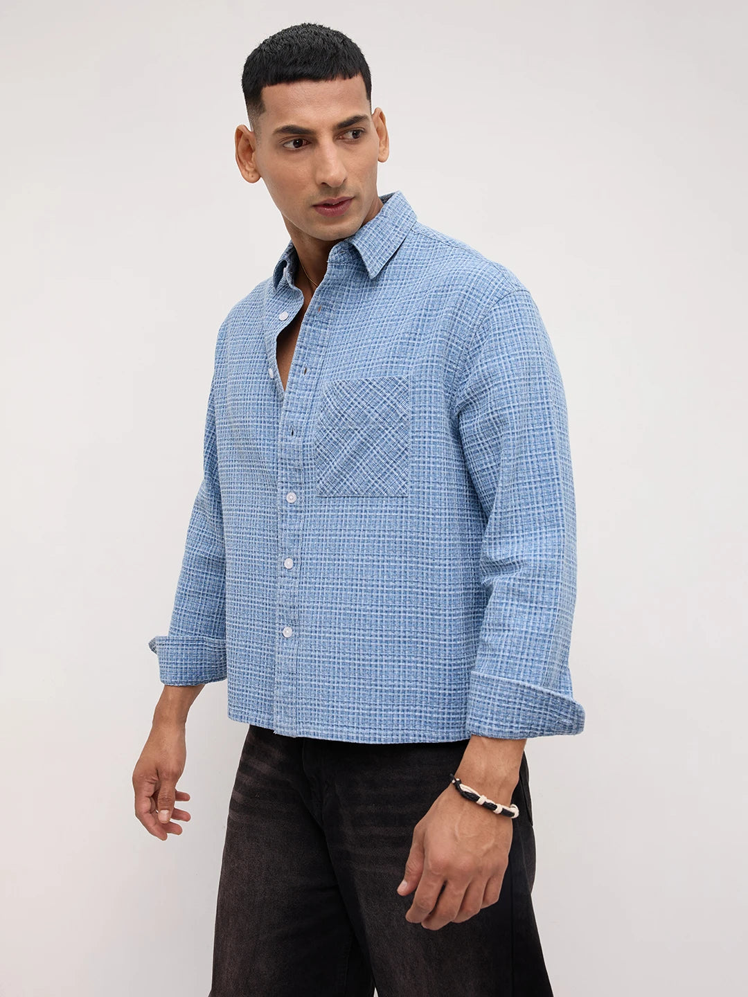 Abstract Denim Crosshatch Woven Boxy Fit Crop Shirt