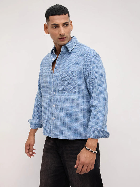 Abstract Denim Crosshatch Woven Boxy Fit Crop Shirt