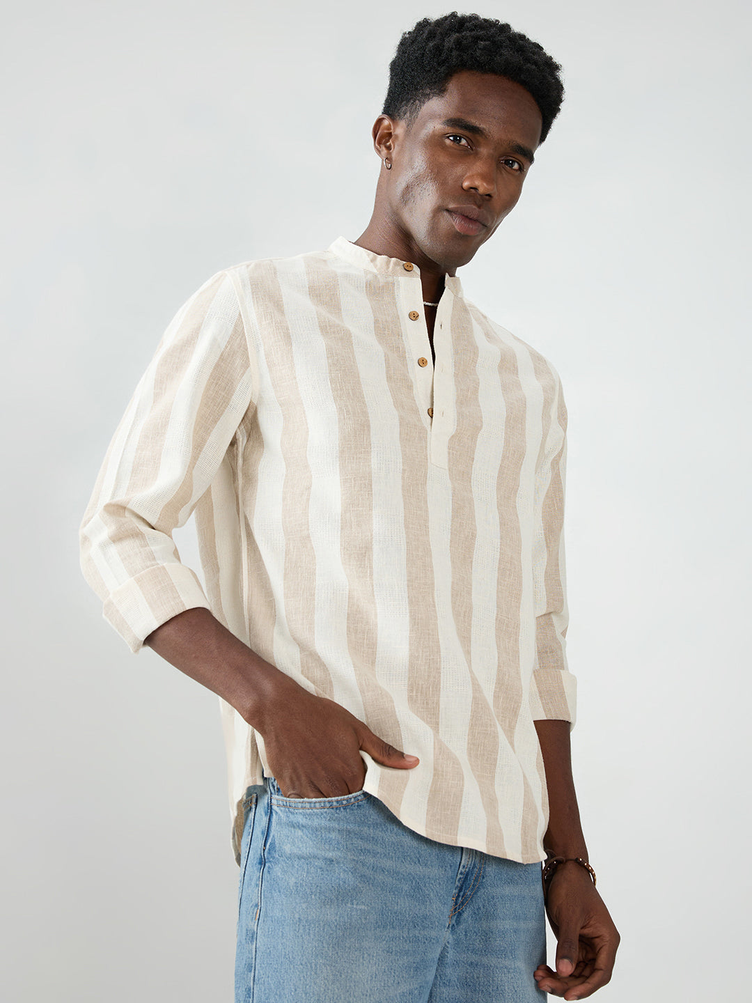 Beige & Ivory Striped Jacquard Kurta