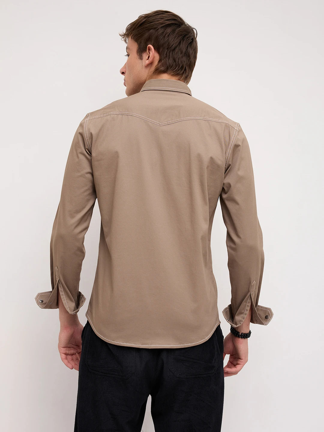 Taupe Contrast Stitch Twin Pocket Shirt