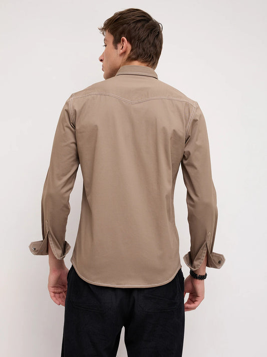 Taupe Contrast Stitch Twin Pocket Shirt
