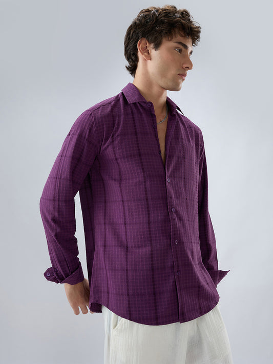 Elegant Plum Micro Checks Textured Shirt