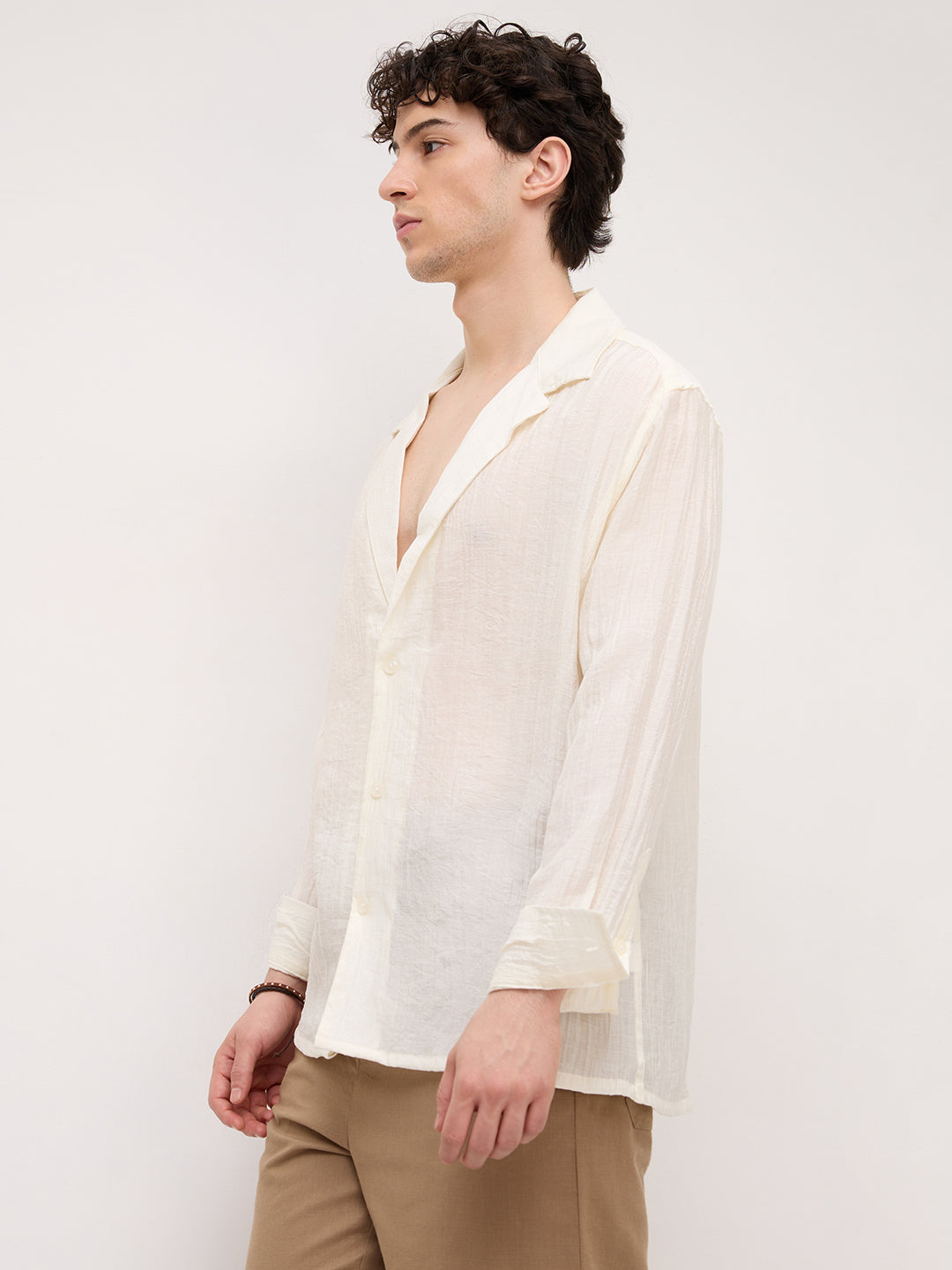 Off- White Pearl Crinkled Resort Collar Oversized Shirt