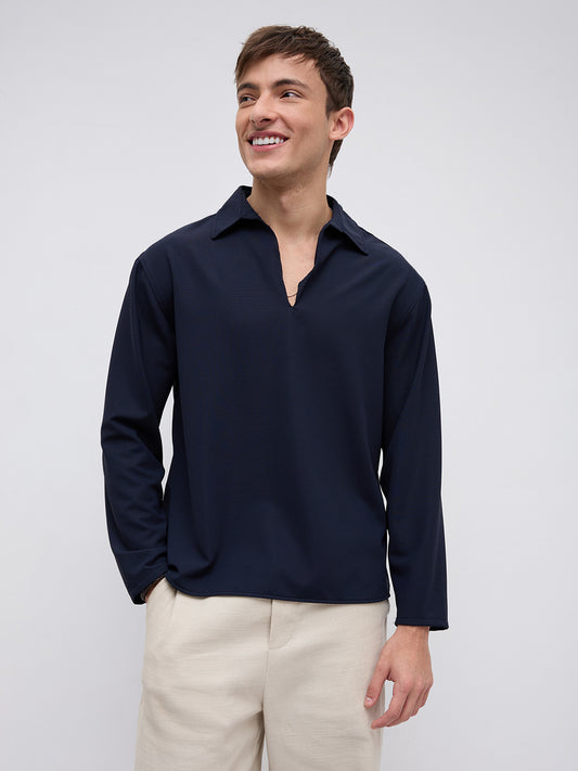 Navy Oversized Polo Tencel Knit Shirt