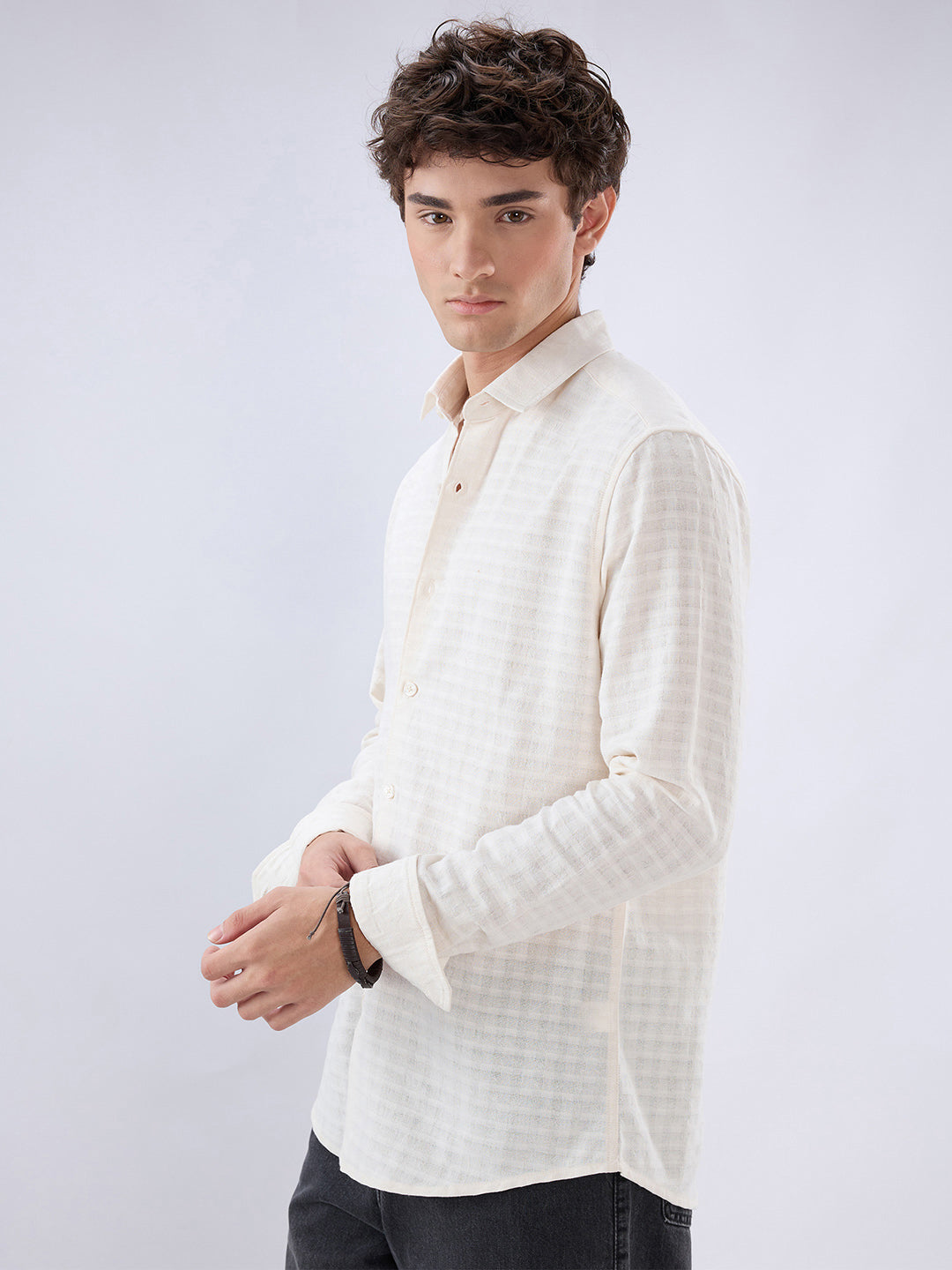 White Horizontal Striped Textured Shirt