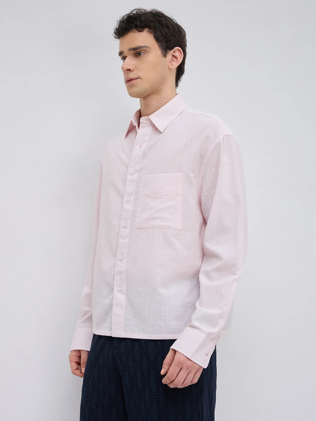 Blush Pink Fine Striped Textured Boxy Fit Crop Shirt