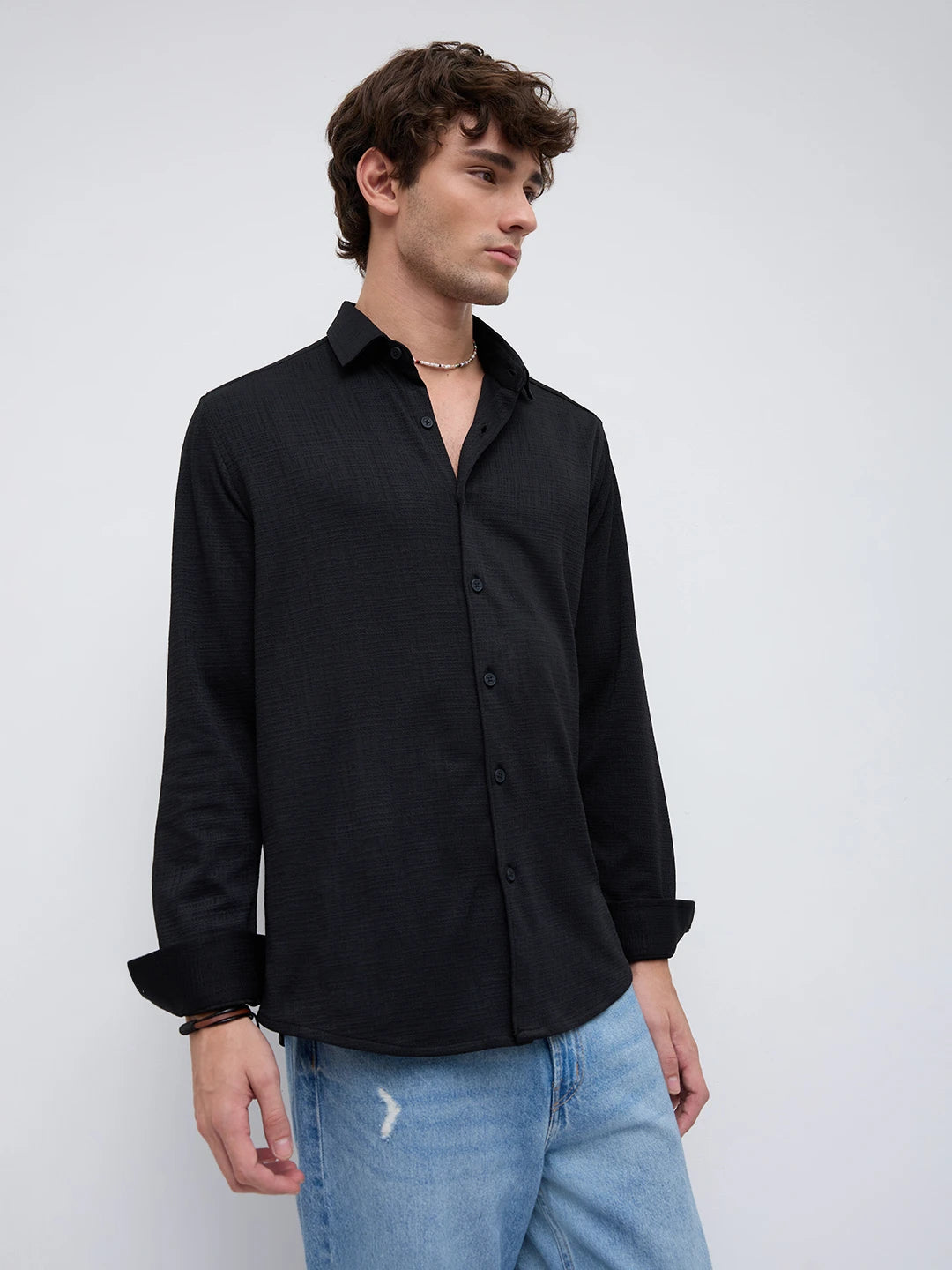 Black Mini Checks Textured Knitted Shirt