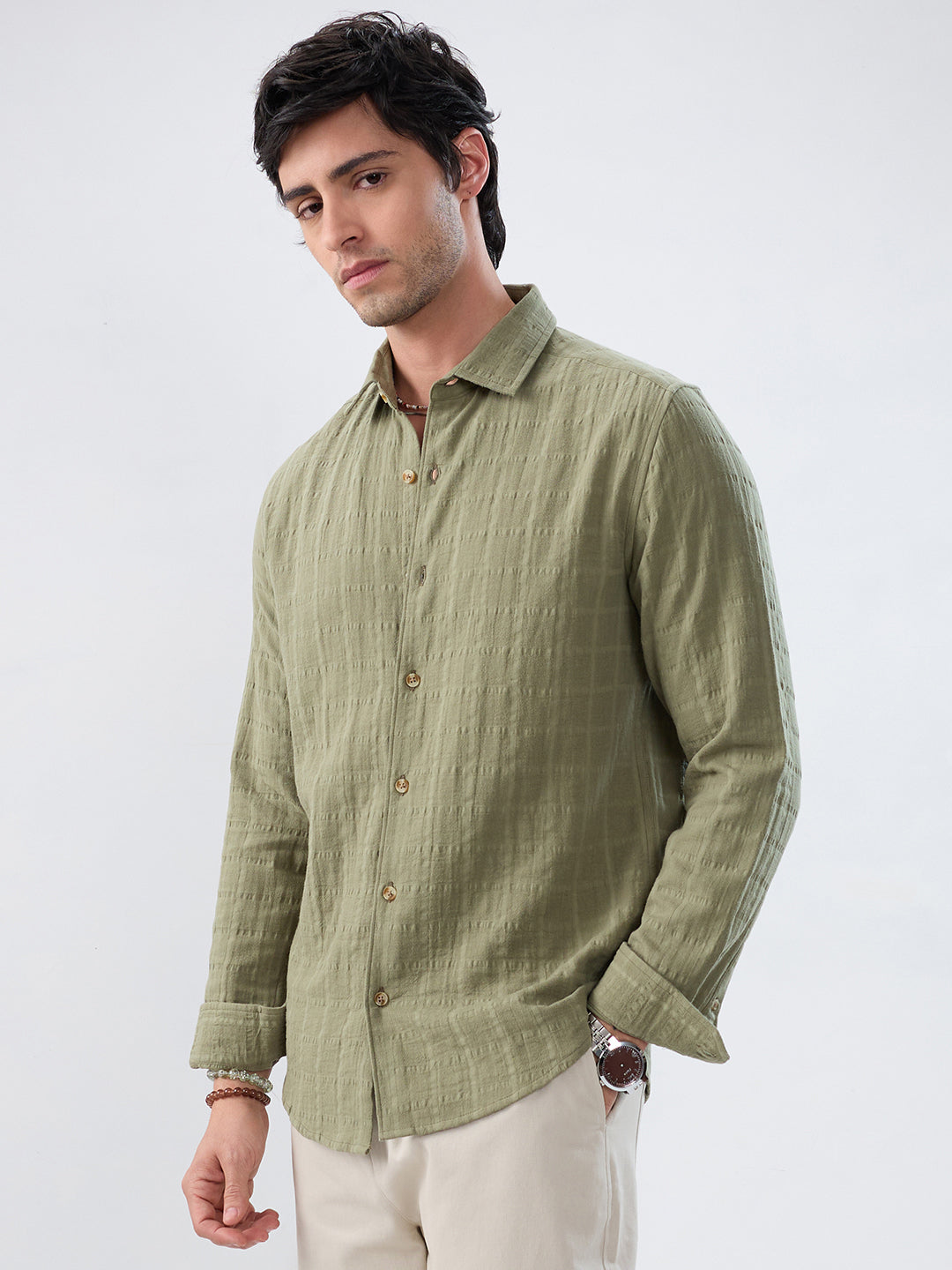 Premium Olive Grid Emboss Double Cloth Textured Shirt
