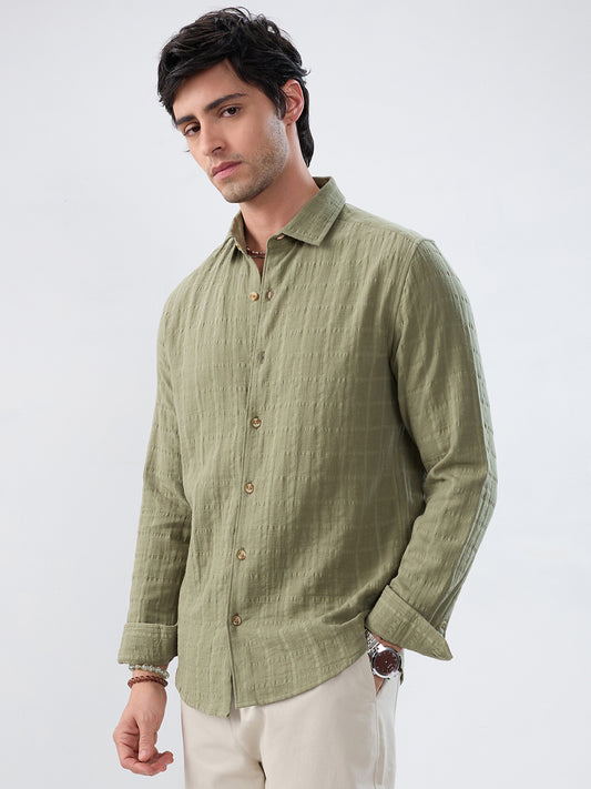 Premium Olive Grid Emboss Double Cloth Textured Shirt