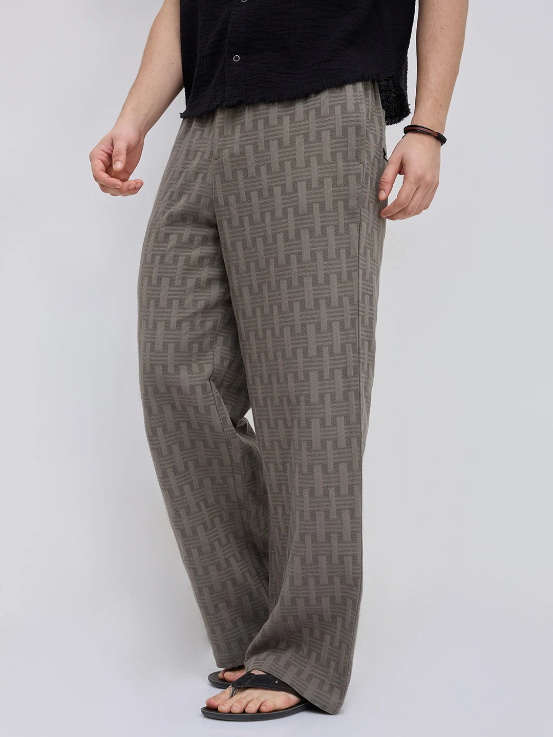Elevated Grey  Architectural Weave Wide Leg Trousers