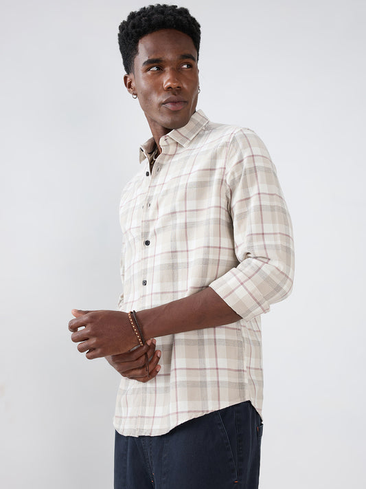 Beige Micro Herringbone Windowpane Checks Shirt