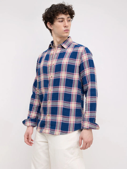 Denim Blue & Red Tartan Checked Shirt