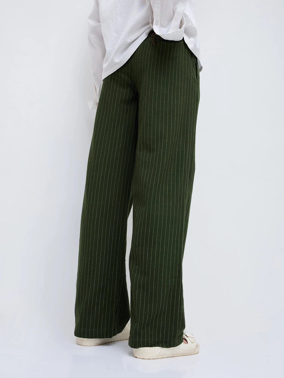 Olive Pinstripe Wide Leg Trousers