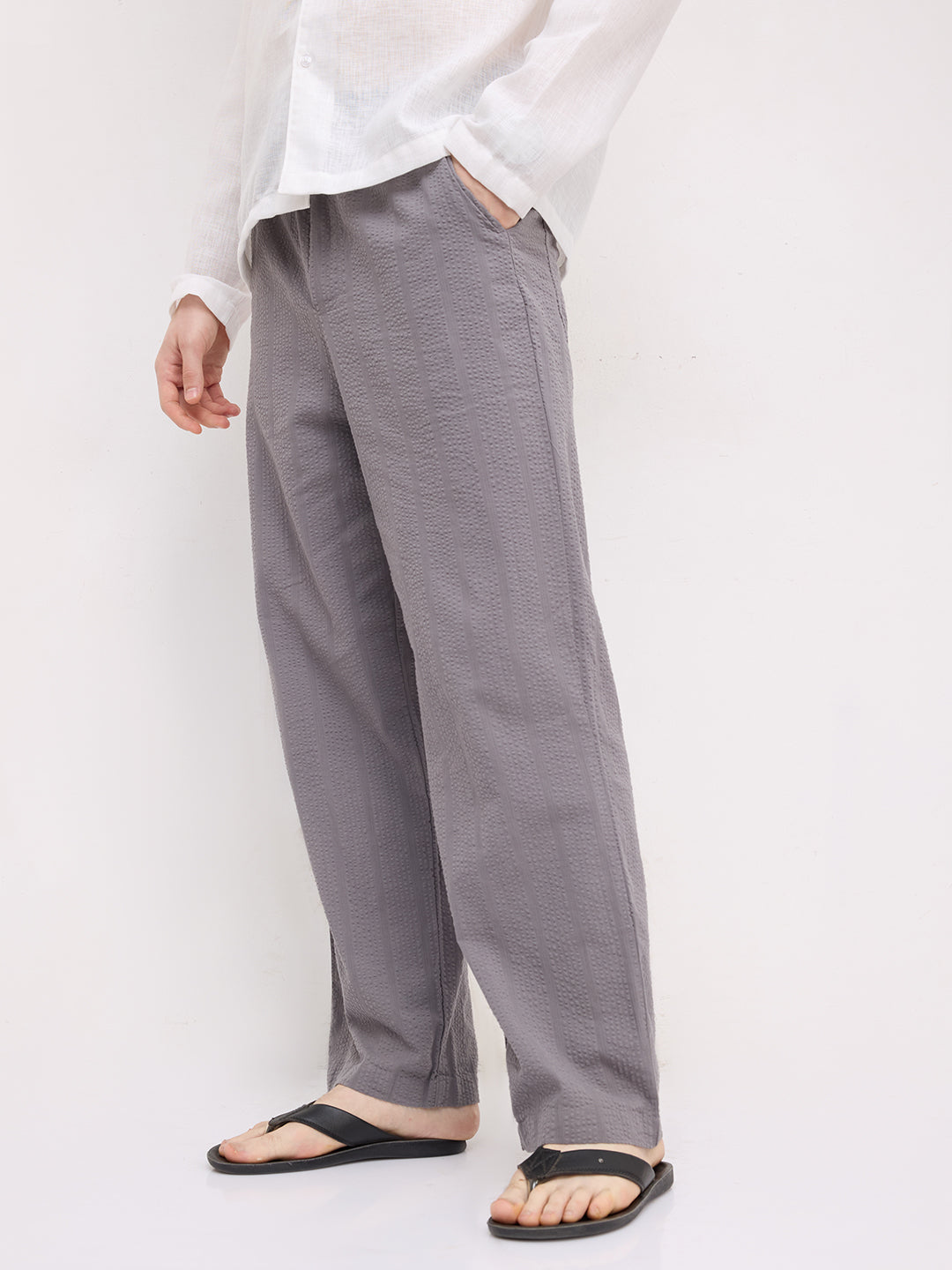 Solid Grey Seersucker Striped Straight Fit Trousers