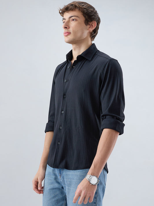 Timeless Black Fine Vertical Ribbed Knitted Shirt