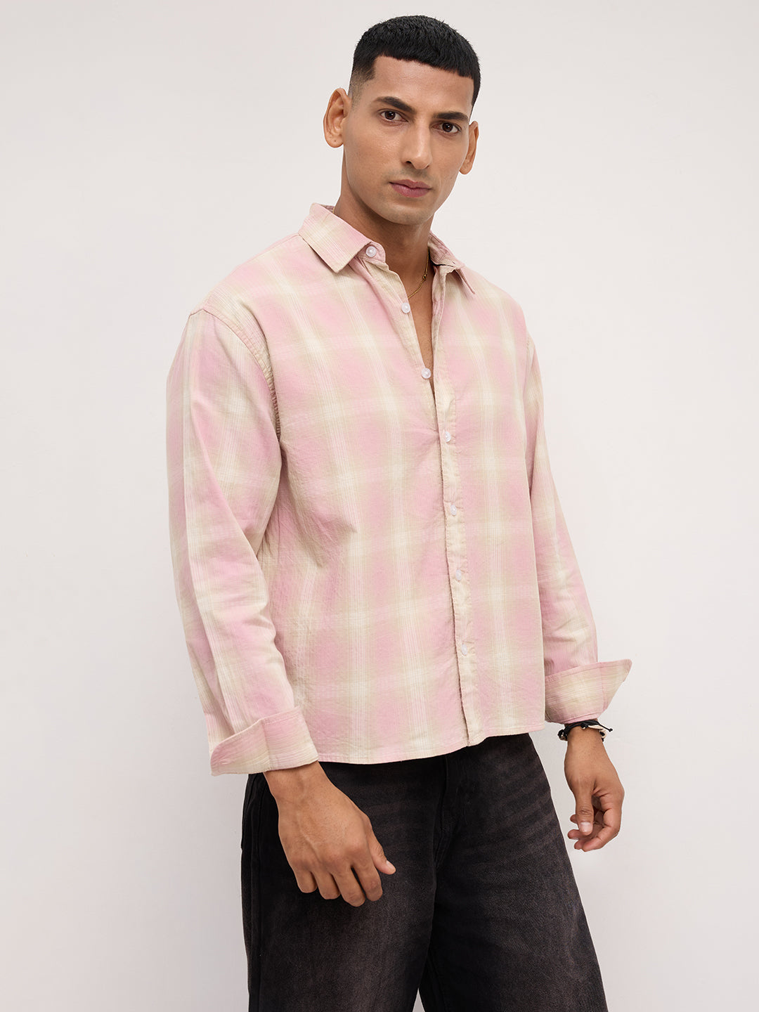 Blush Pink Block Checks Boxy Fit Crop Shirt