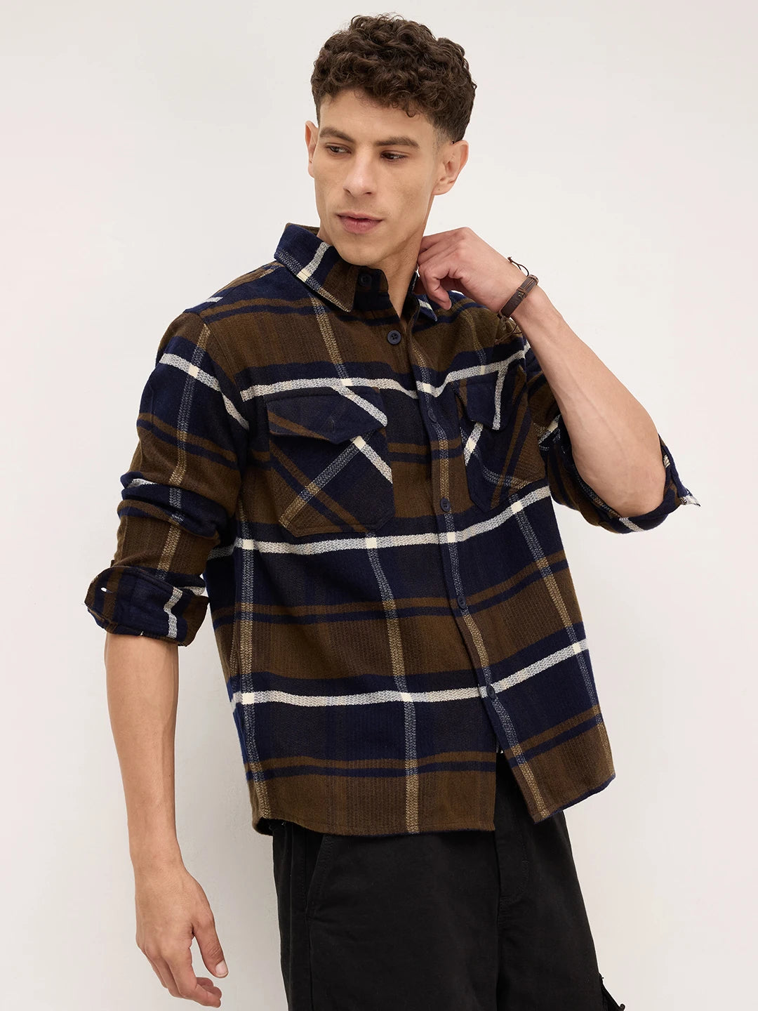 Walnut Brown & Navy Plaid Checks Double Pocket Flannel Shirt