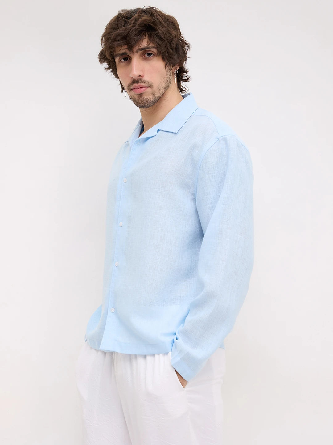 Iceberg Blue Sheer Textured Notch Collar Oversized Vacation Shirt