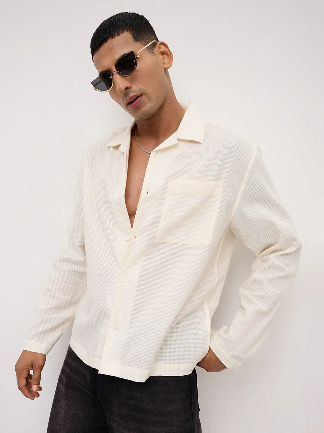 Sheer Off-White Gingham Checks Notch Collar Oversized Shirt