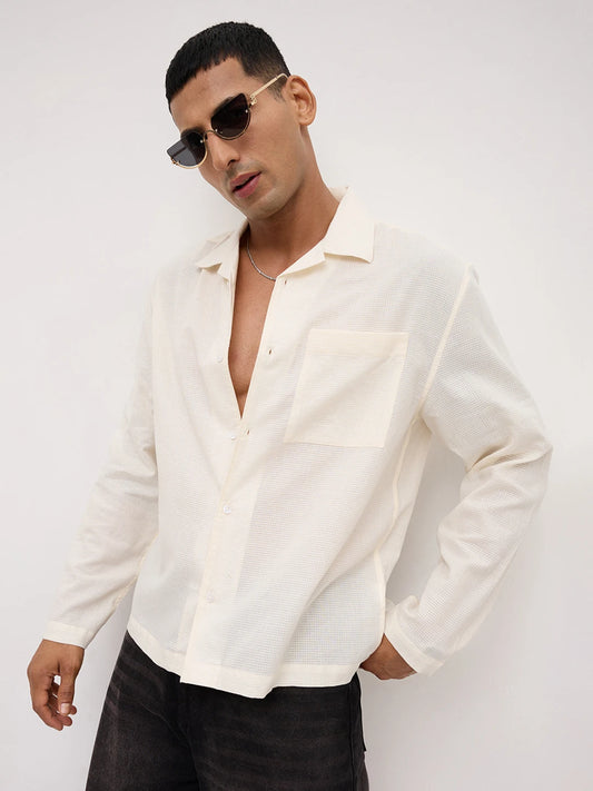 Sheer Off-White Gingham Checks Notch Collar Oversized Shirt