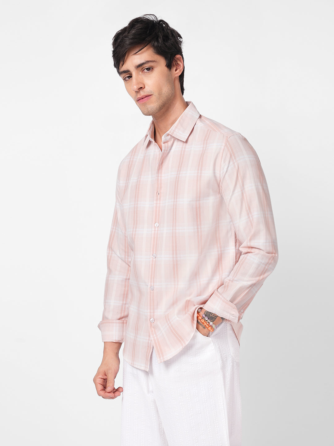 Elegant Soft Blush Peach Plaid Checks Shirt