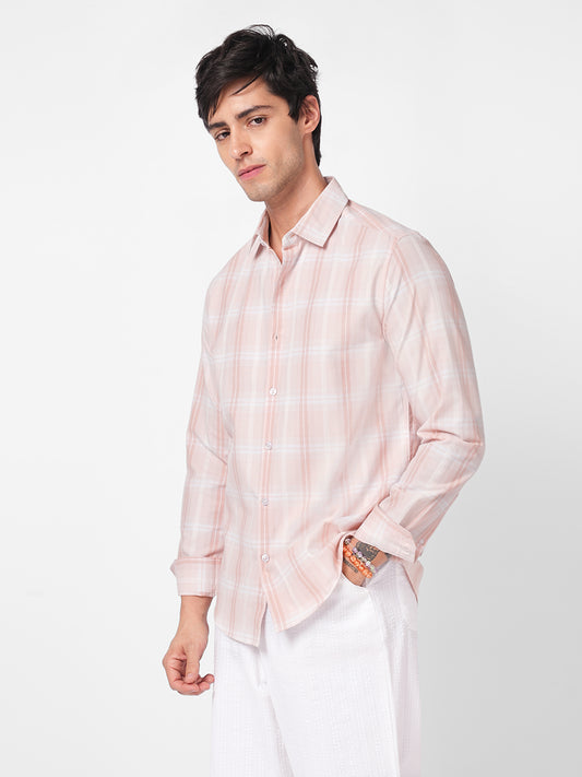 Elegant Soft Blush Peach Plaid Checks Shirt