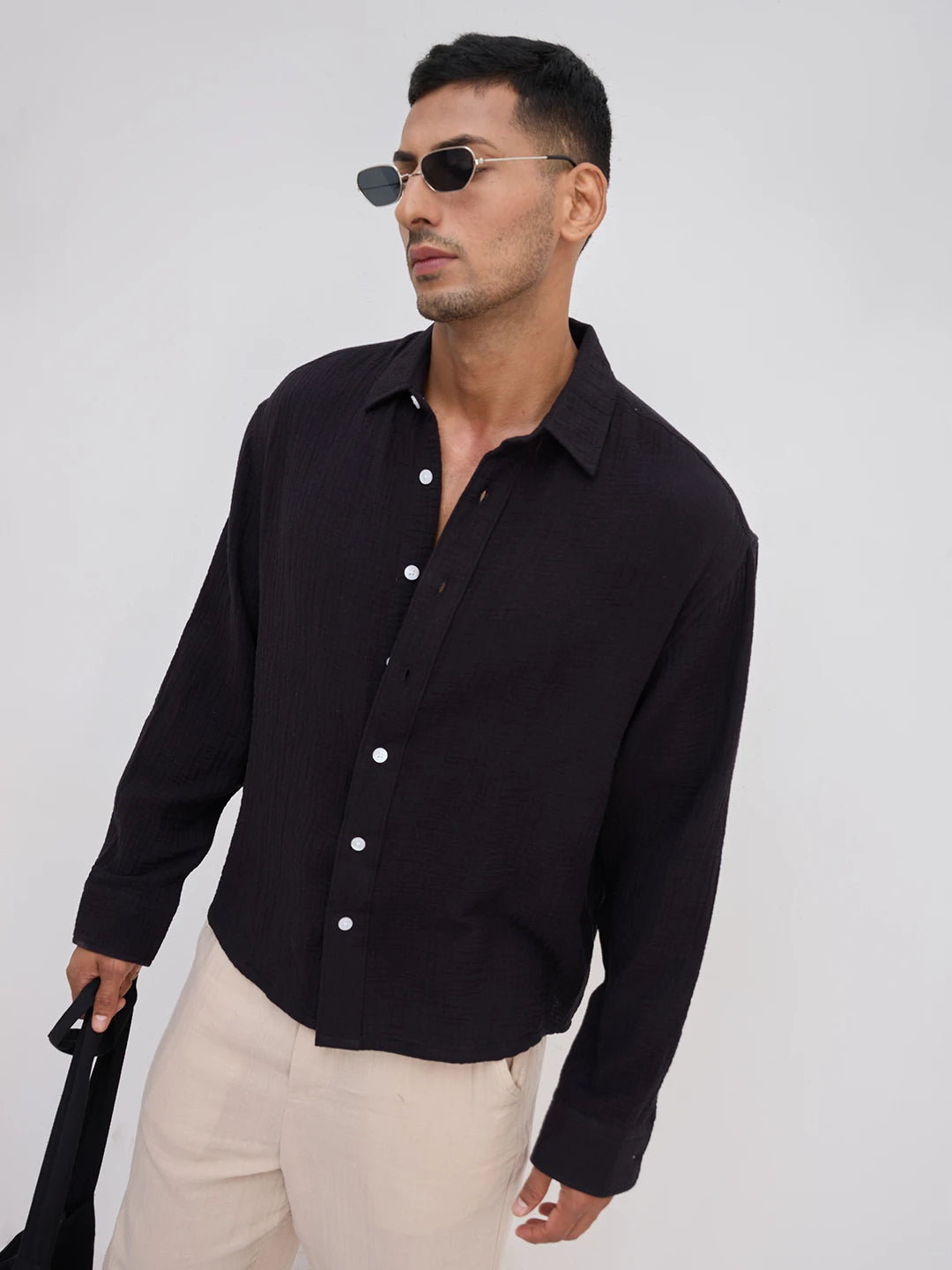 Charming Black Double Cloth Boxy Fit Crop Shirt
