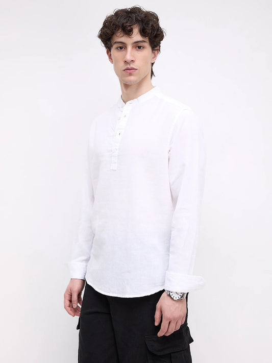 Pearl White Slub Textured Linen Blend Kurta