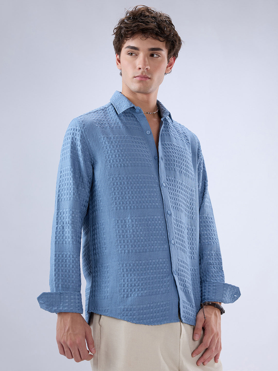 Intricate Columbia Blue Raised Motif Textured Shirt