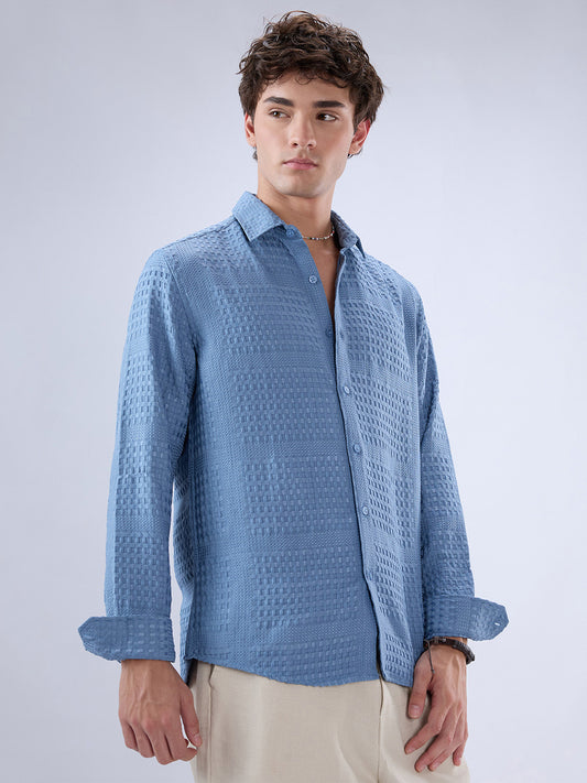 Intricate Columbia Blue Raised Motif Textured Shirt